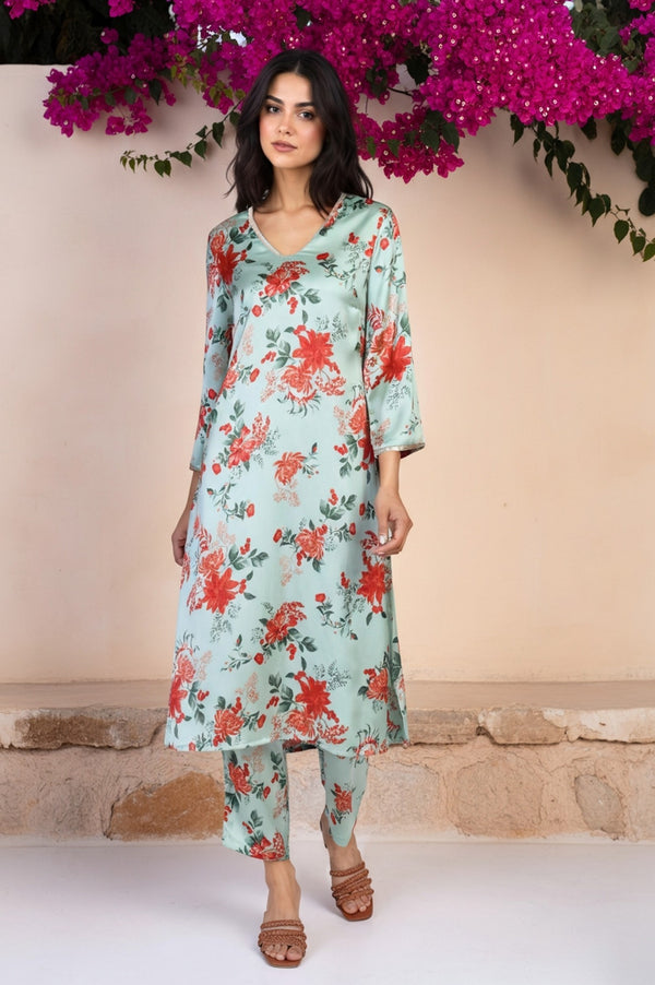 Green Floral Print Sequined A-Line Satin Kurta with Straight Pant