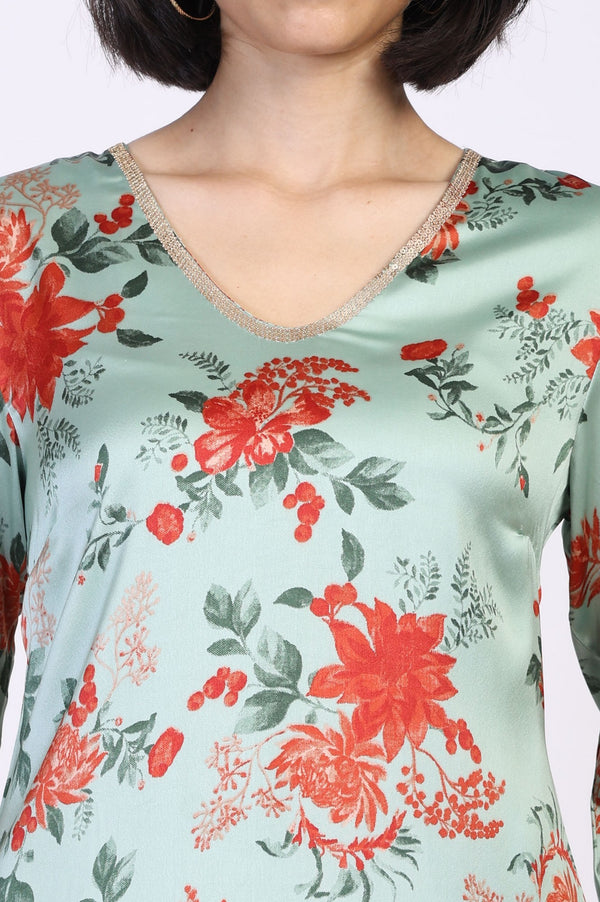 Green Floral Print Sequined A-Line Satin Kurta with Straight Pant