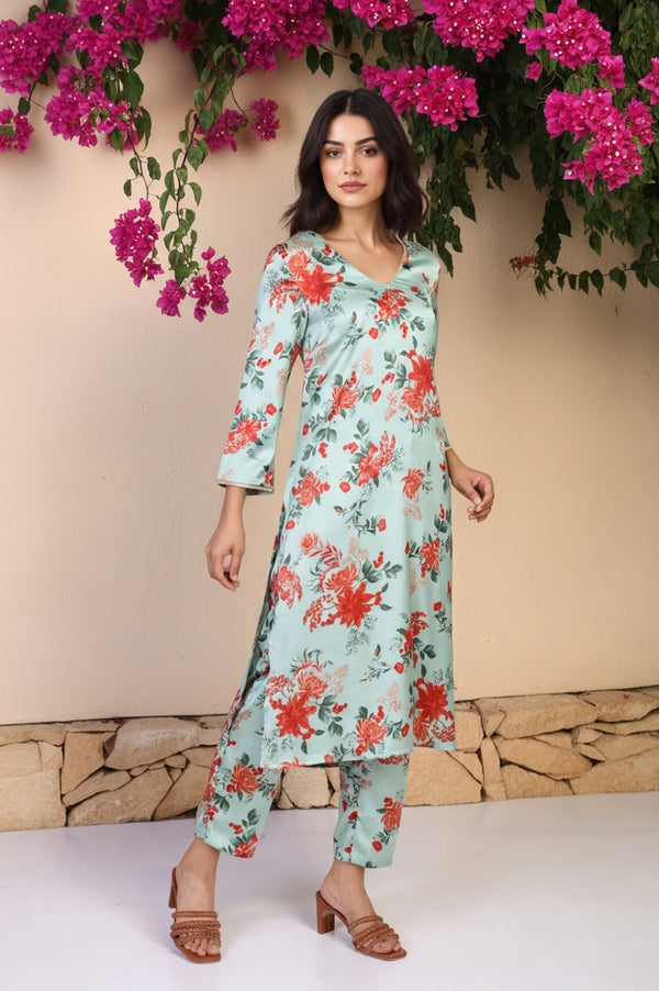 Green Floral Print Sequined A-Line Satin Kurta with Straight Pant