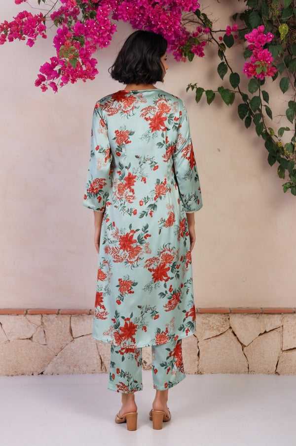 Green Floral Print Sequined A-Line Satin Kurta with Straight Pant