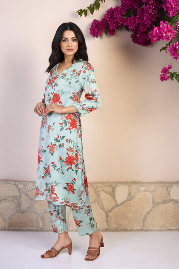 Green Floral Print Sequined A-Line Satin Kurta with Straight Pant