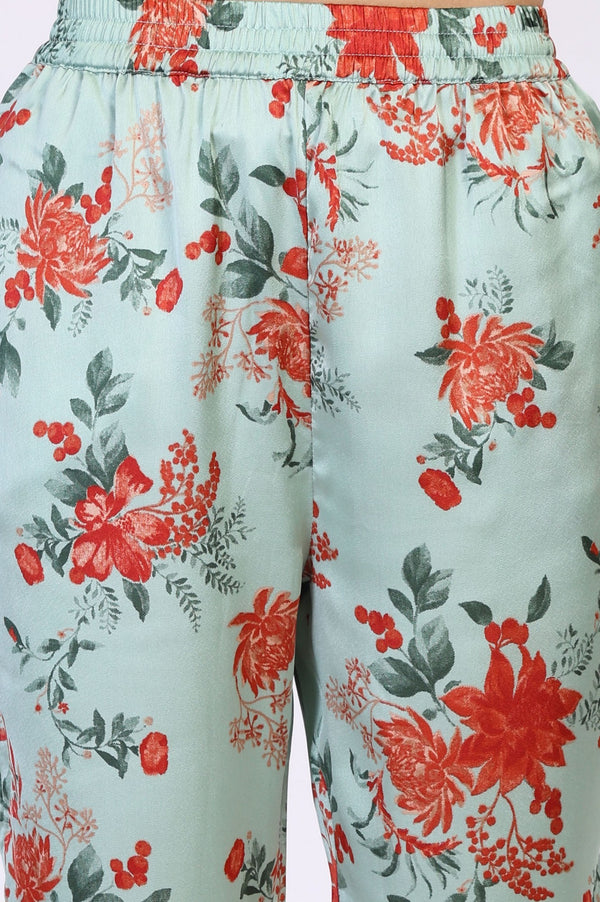Green Floral Print Sequined A-Line Satin Kurta with Straight Pant