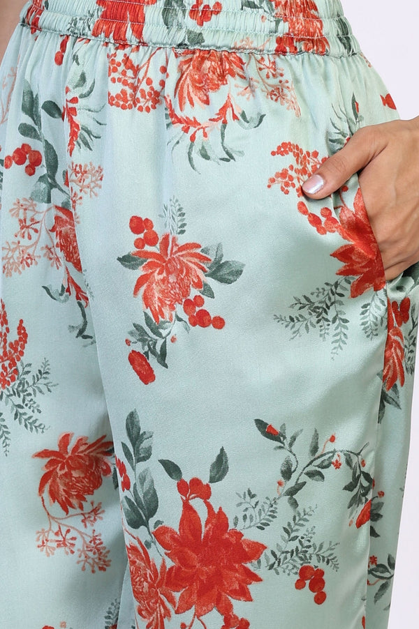 Green Floral Print Sequined A-Line Satin Kurta with Straight Pant