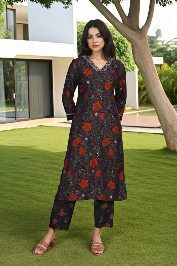 Black Floral Printed A-Line Crepe Kurta with Pant Co-ord Set