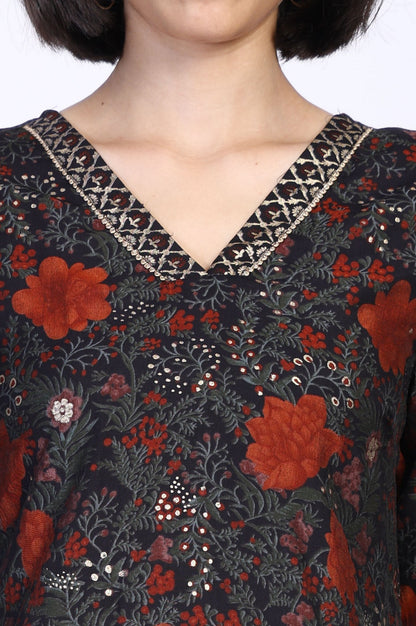 Black Floral Printed A-Line Crepe Kurta with Pant Co-ord Set