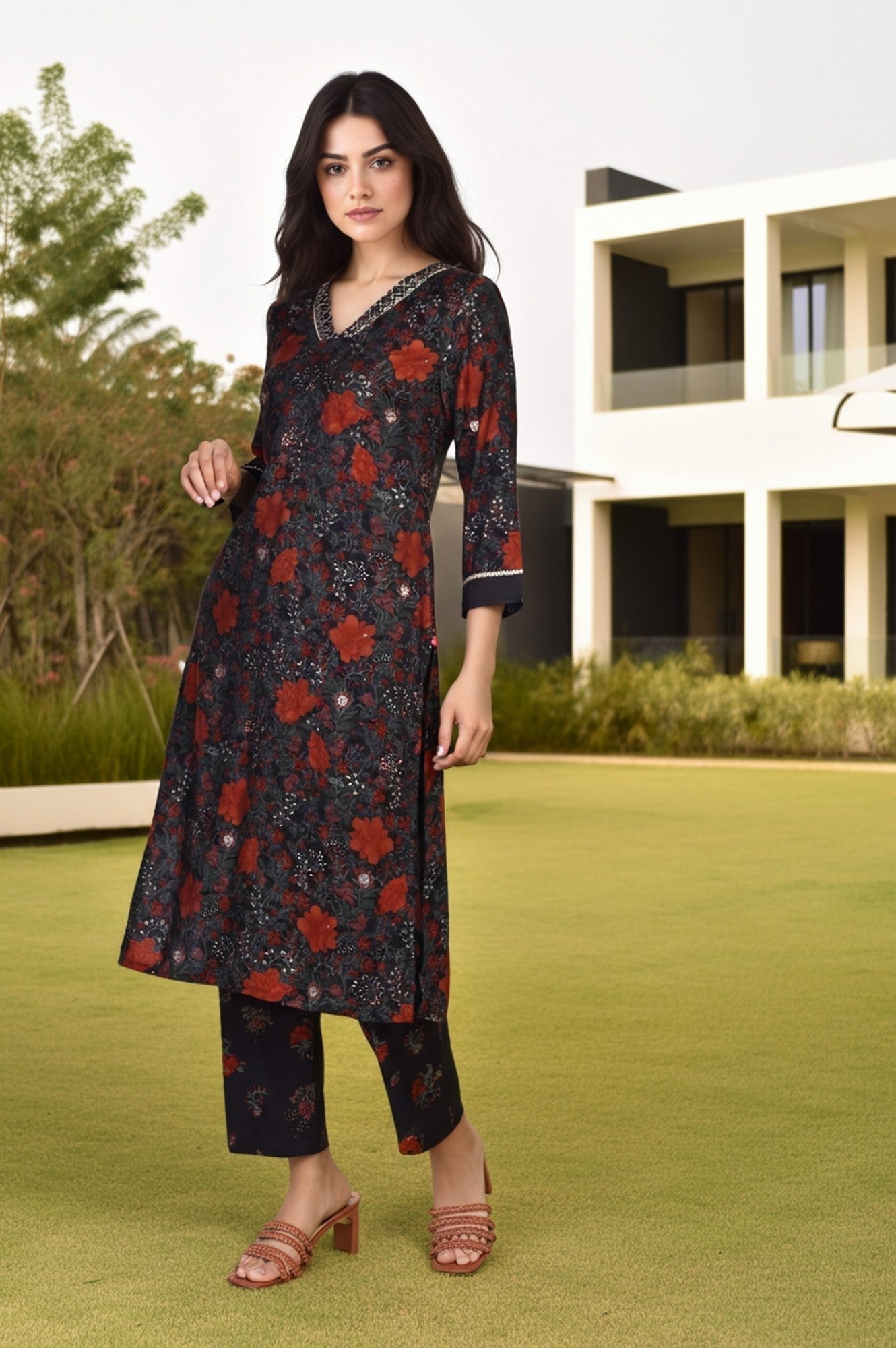 Black Floral Printed A-Line Crepe Kurta with Pant Co-ord Set