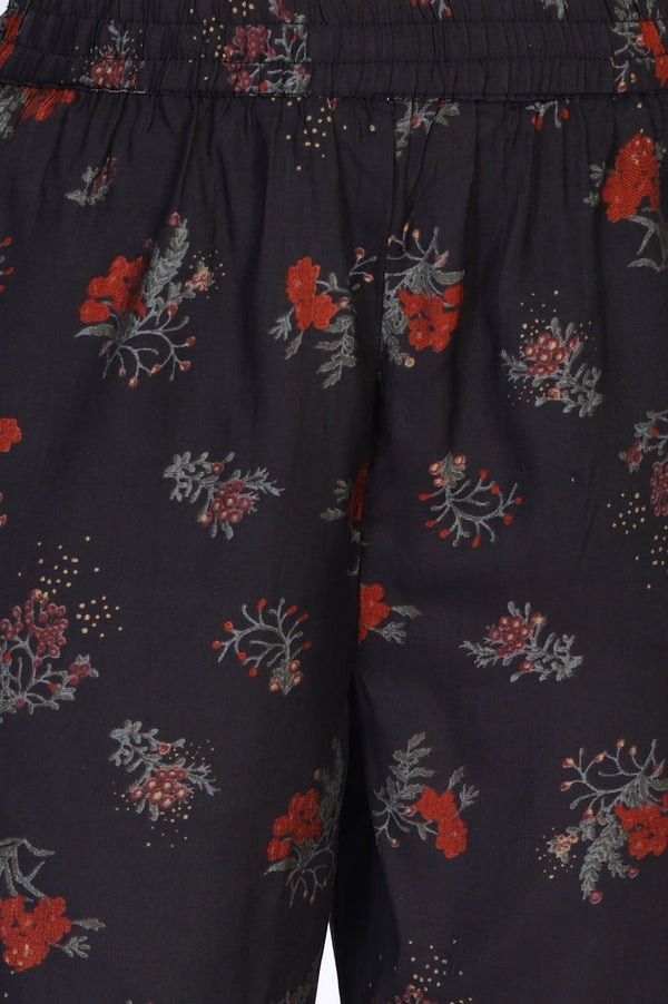 Black Floral Printed A-Line Crepe Kurta with Pant Co-ord Set