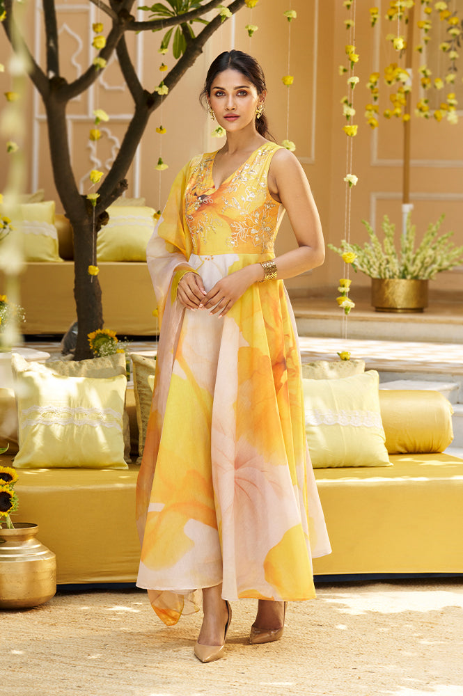 Beige Embroidered Organza Anarkali Kurta Set Dupatta Set