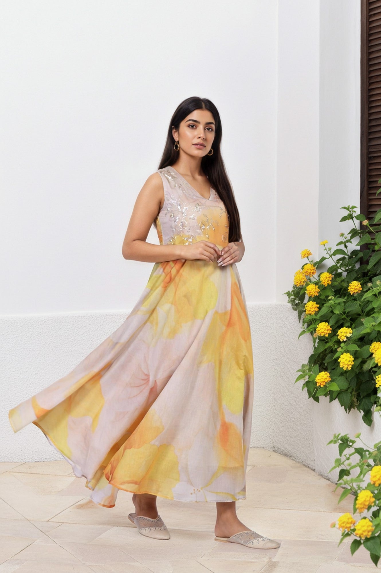 Beige Embroidered Organza Anarkali Kurta Set Dupatta Set