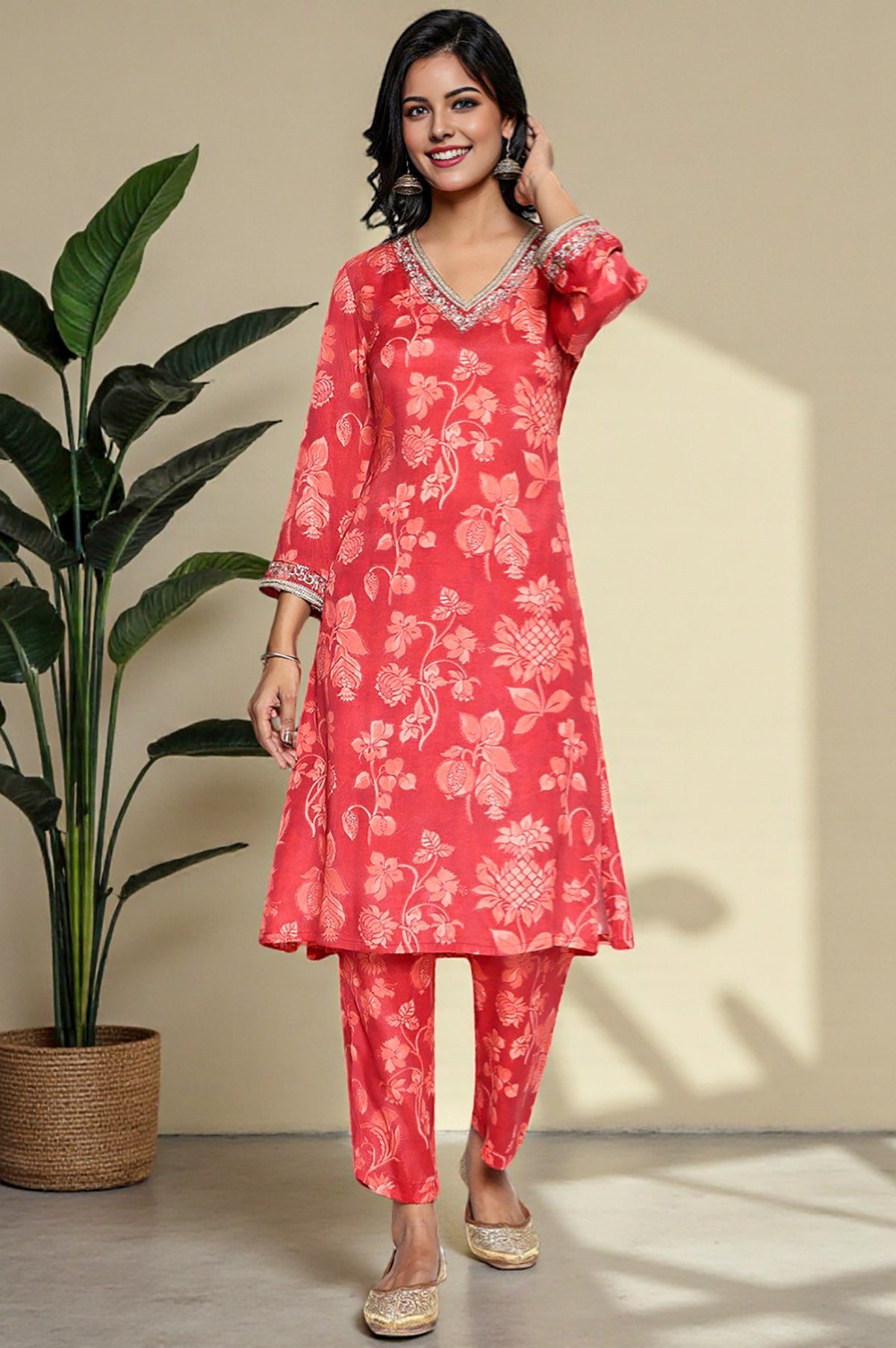 Crimson Red Printed Modal A-line Kurta and Straight Pant Set - XS