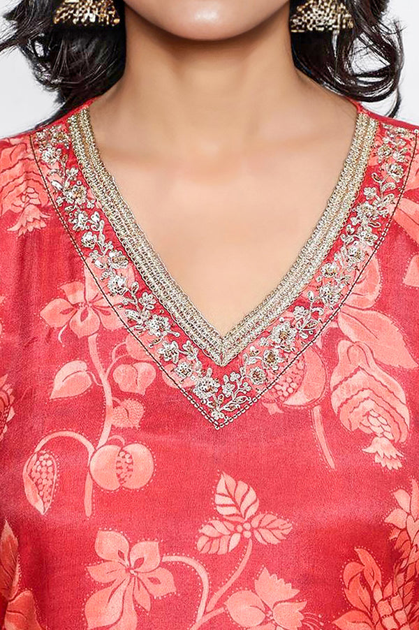 Crimson Red Printed Modal A-line Kurta and Straight Pant Set