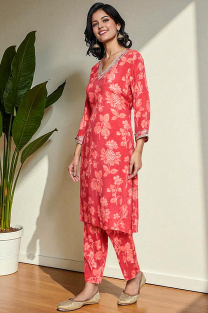 Crimson Red Printed Modal A-line Kurta and Straight Pant Set