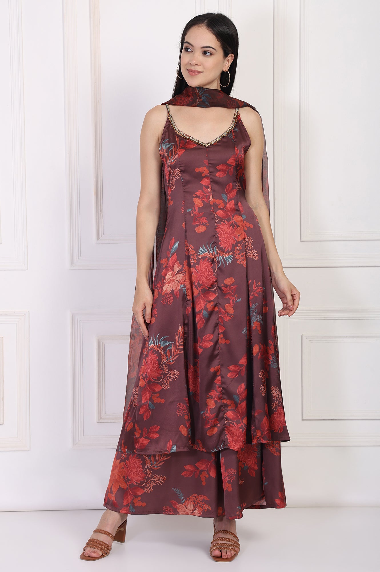 Maroon Floral Printed Sequined A-Line Satin Kurta with Flared Pant and Dupatta Set