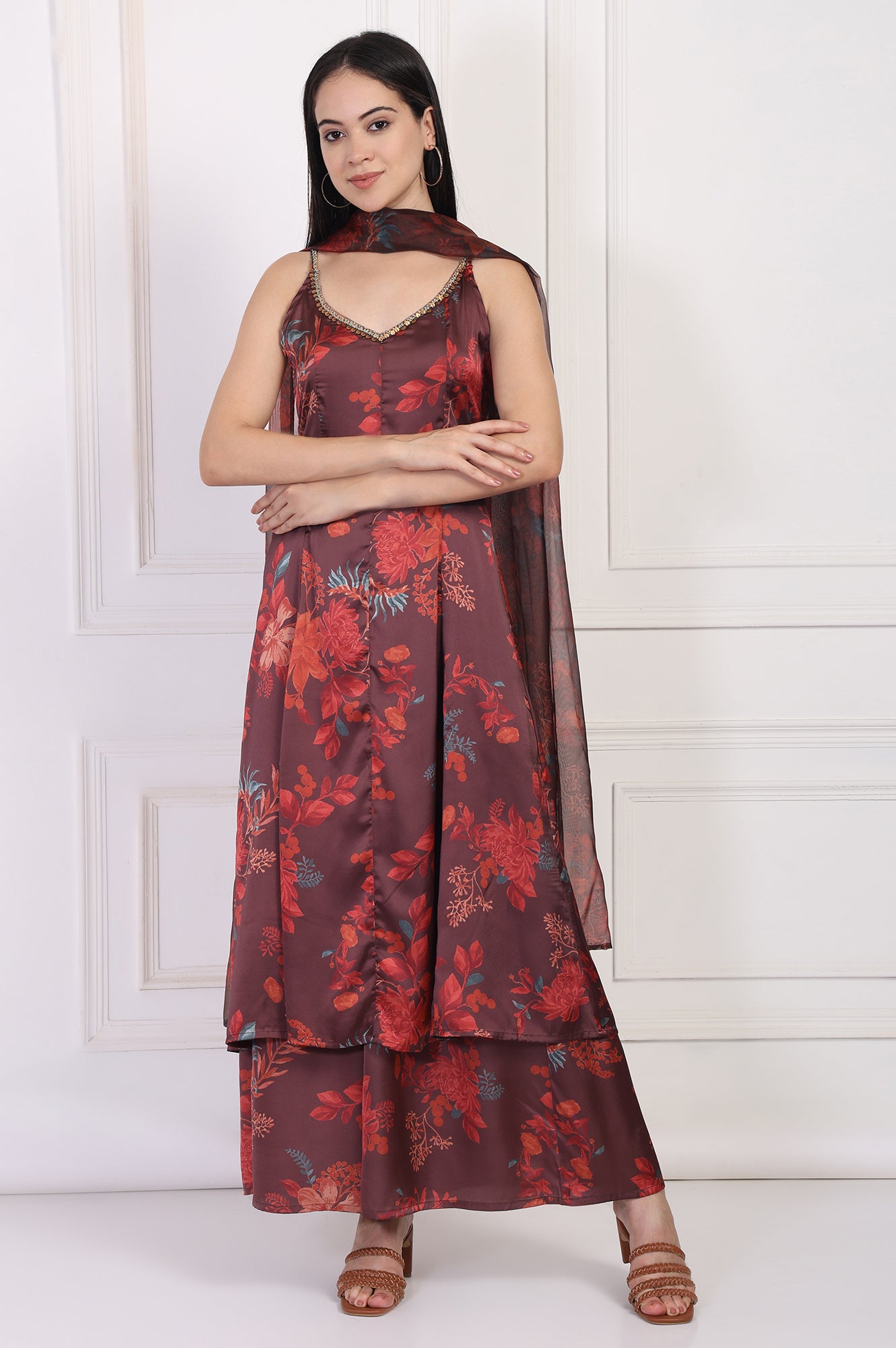 Maroon Floral Printed Sequined A-Line Satin Kurta with Flared Pant and Dupatta Set