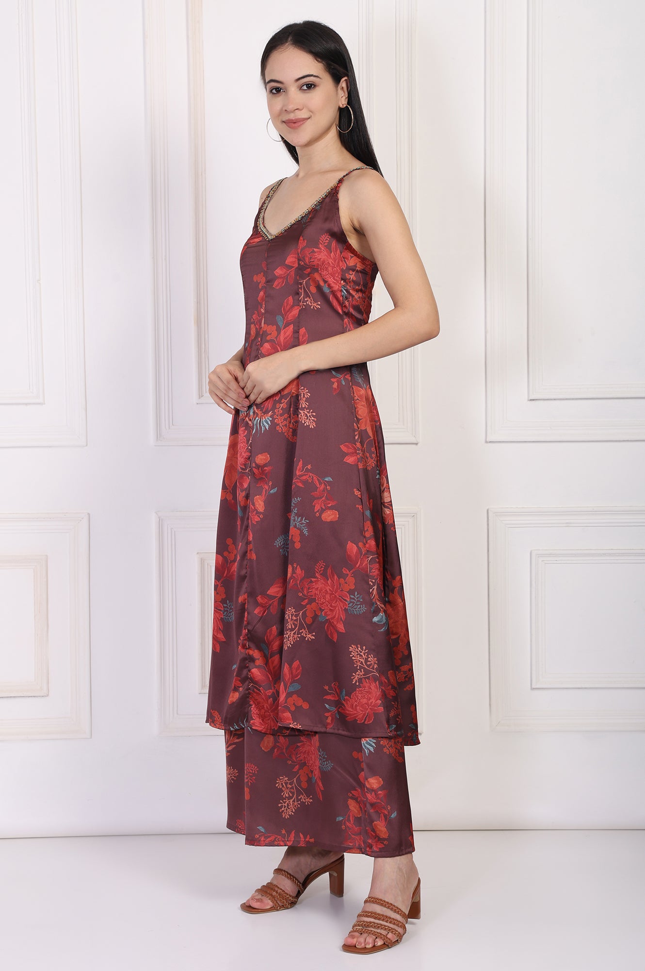 Maroon Floral Printed Sequined A-Line Satin Kurta with Flared Pant and Dupatta Set