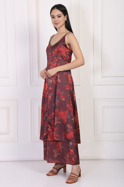 Maroon Floral Printed Sequined A-Line Satin Kurta with Flared Pant and Dupatta Set