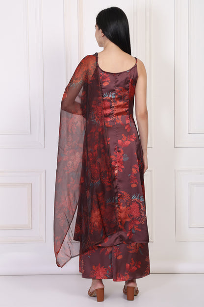 Maroon Floral Printed Sequined A-Line Satin Kurta with Flared Pant and Dupatta Set