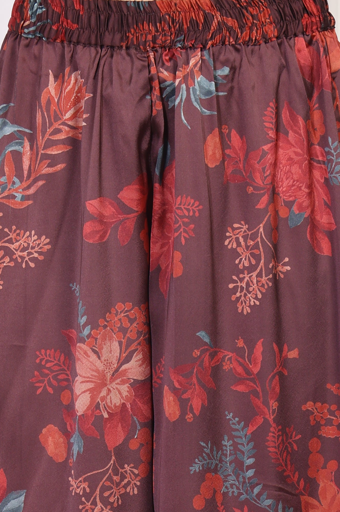 Maroon Floral Printed Sequined A-Line Satin Kurta with Flared Pant and Dupatta Set