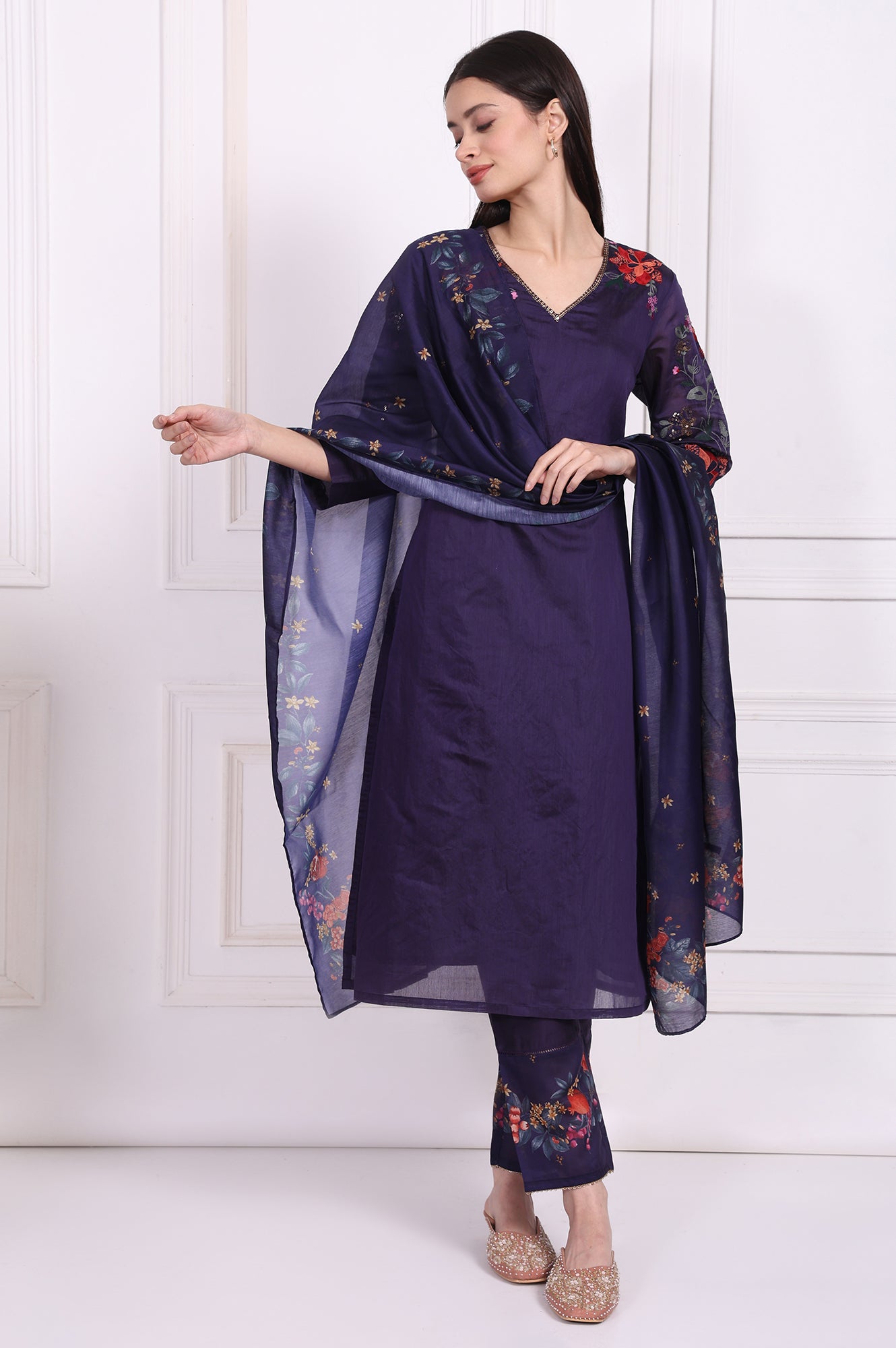 Purple Embroidered Straight Kurta with Straight Pant and Dupatta Set