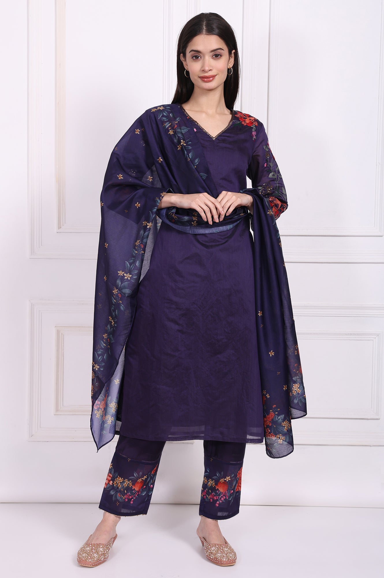 Purple Embroidered Straight Kurta with Straight Pant and Dupatta Set