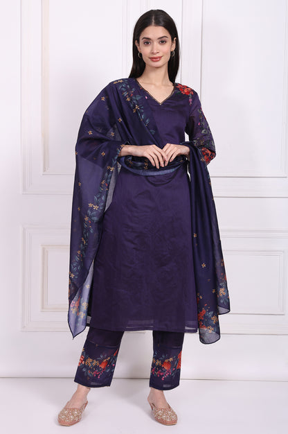 Purple Embroidered Straight Kurta with Straight Pant and Dupatta Set