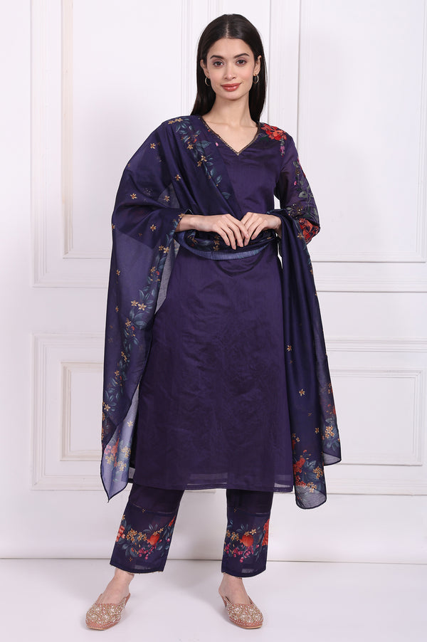 Purple Embroidered Straight Kurta with Straight Pant and Dupatta Set