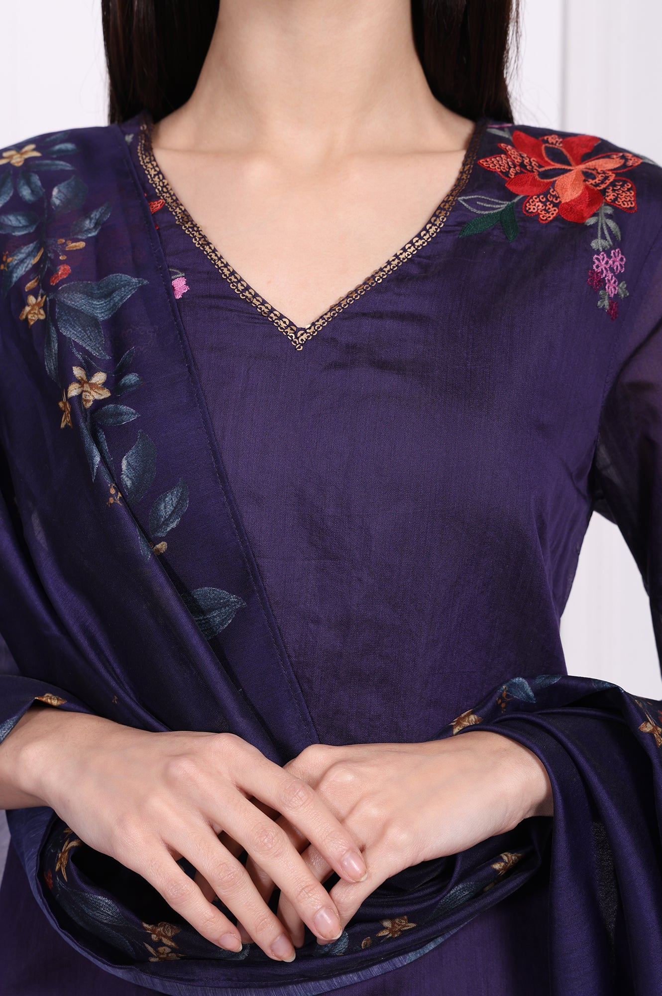 Purple Embroidered Straight Kurta with Straight Pant and Dupatta Set