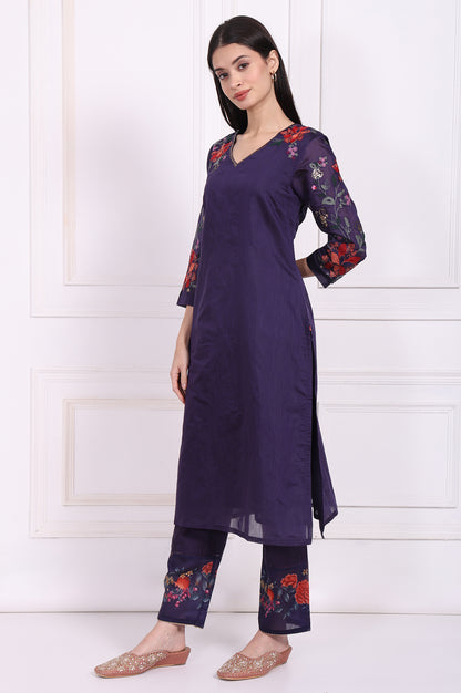 Purple Embroidered Straight Kurta with Straight Pant and Dupatta Set