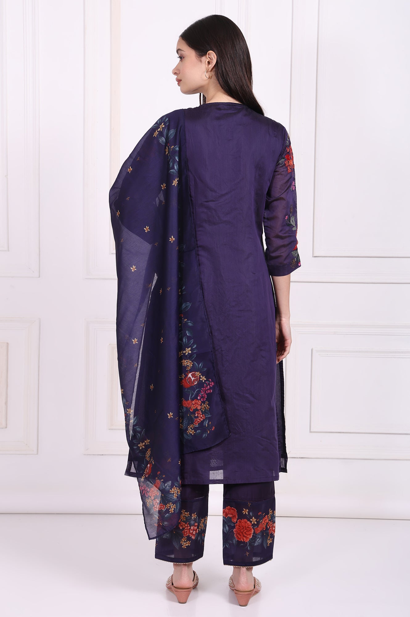 Purple Embroidered Straight Kurta with Straight Pant and Dupatta Set