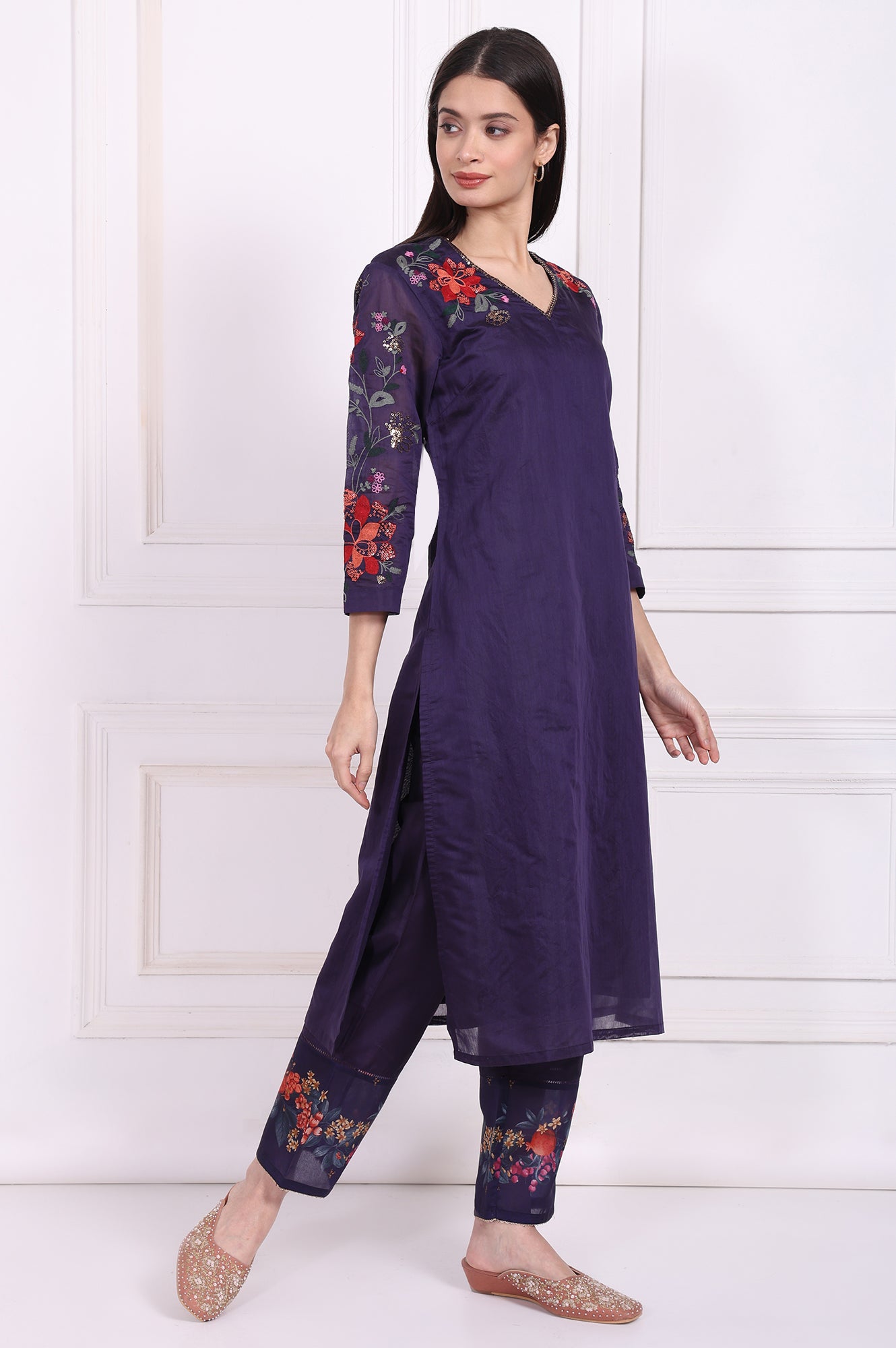 Purple Embroidered Straight Kurta with Straight Pant and Dupatta Set