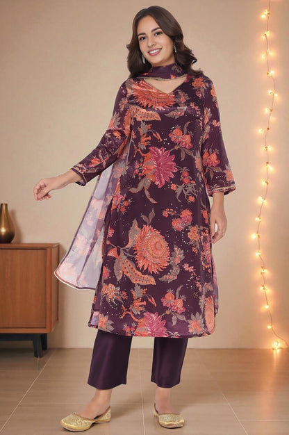 Wine Printed Chinon A-line Kurta, Straight Pant and Dupatta Set