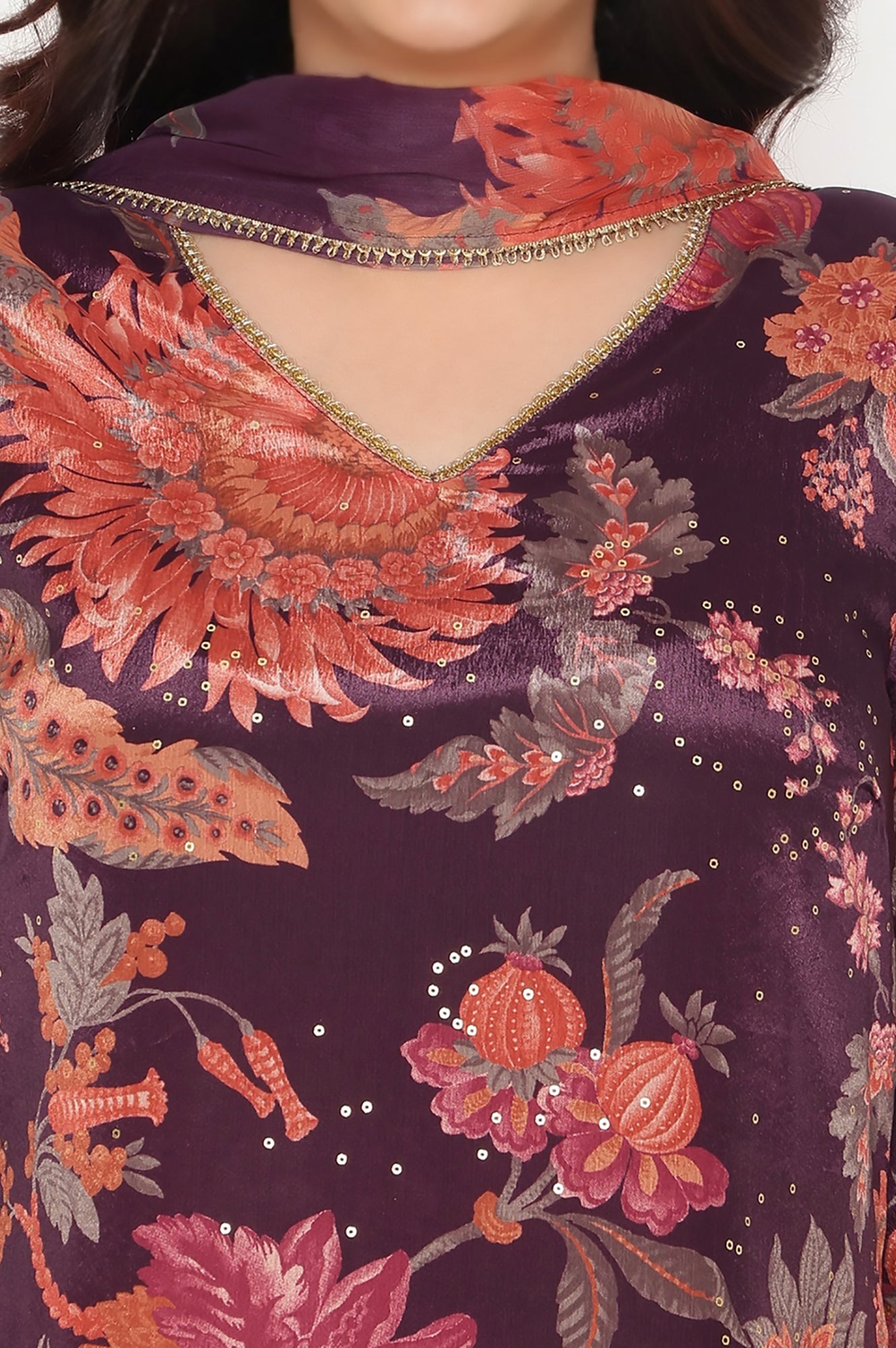 Wine Printed Chinon A-line Kurta, Straight Pant and Dupatta Set