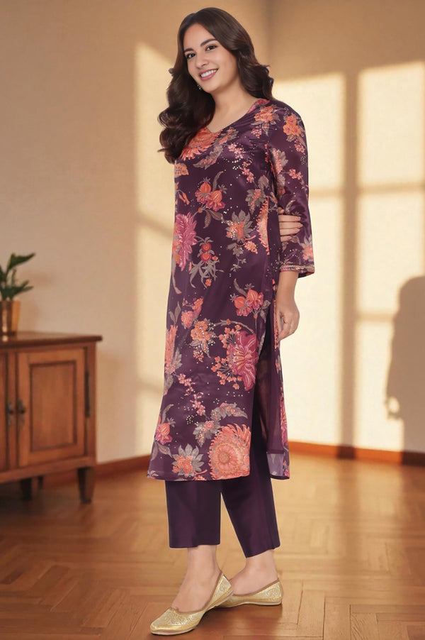 Wine Printed Chinon A-line Kurta, Straight Pant and Dupatta Set