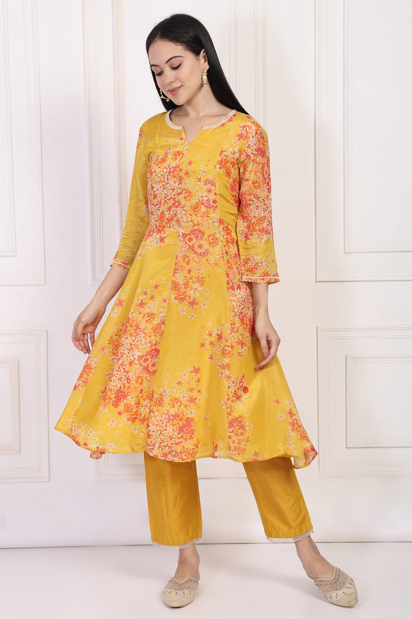 Yellow Floral Printed Beaded A-Line Tissue Kurta with Straight Pant Set