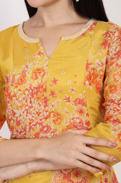 Yellow Floral Printed Beaded A-Line Tissue Kurta with Straight Pant Set