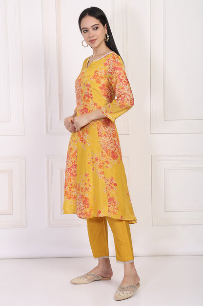 Yellow Floral Printed Beaded A-Line Tissue Kurta with Straight Pant Set