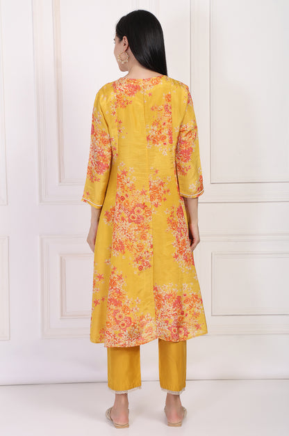 Yellow Floral Printed Beaded A-Line Tissue Kurta with Straight Pant Set