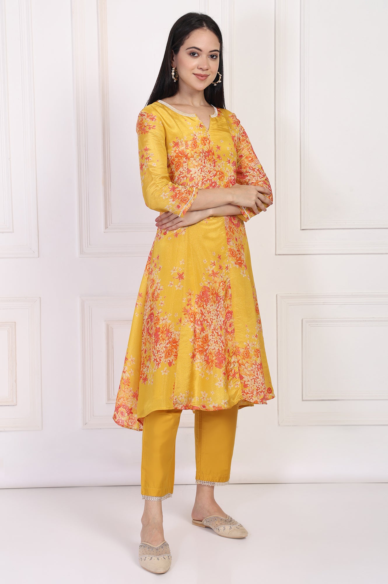 Yellow Floral Printed Beaded A-Line Tissue Kurta with Straight Pant Set