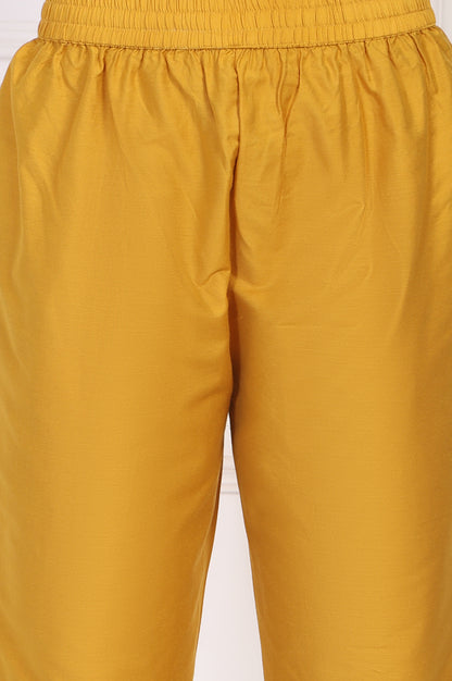 Yellow Floral Printed Beaded A-Line Tissue Kurta with Straight Pant Set