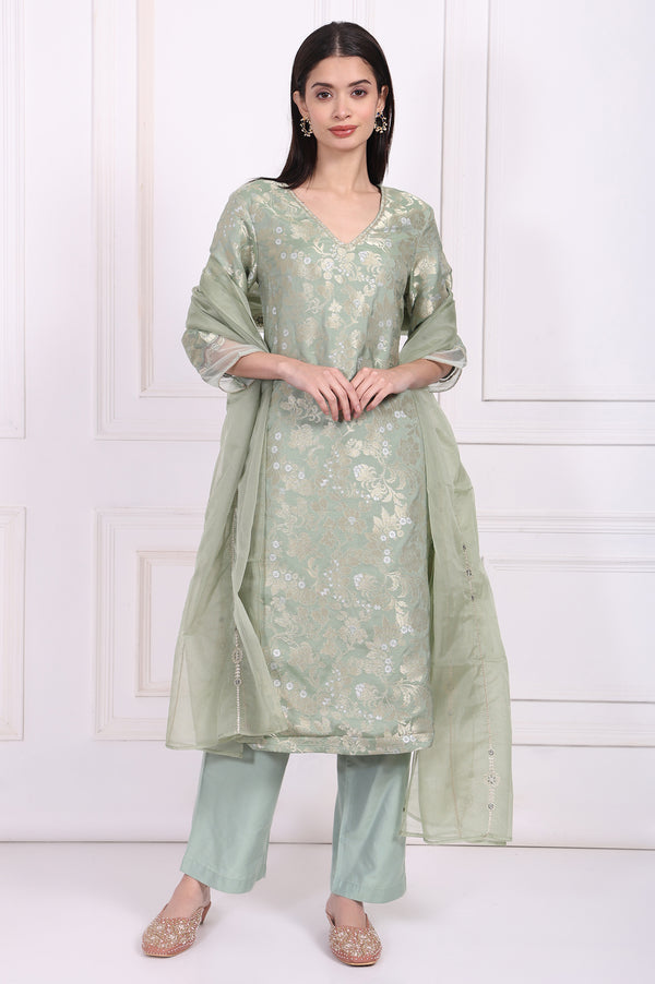 Green Embellished Straight Jacquard Kurta with Straight Pant and Dupatta Set