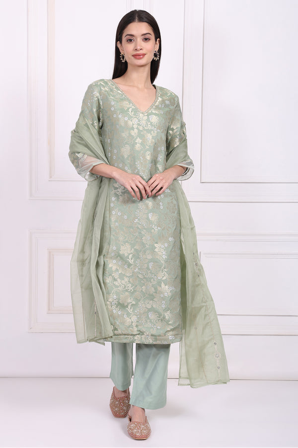 Green Embellished Straight Jacquard Kurta with Straight Pant and Dupatta Set