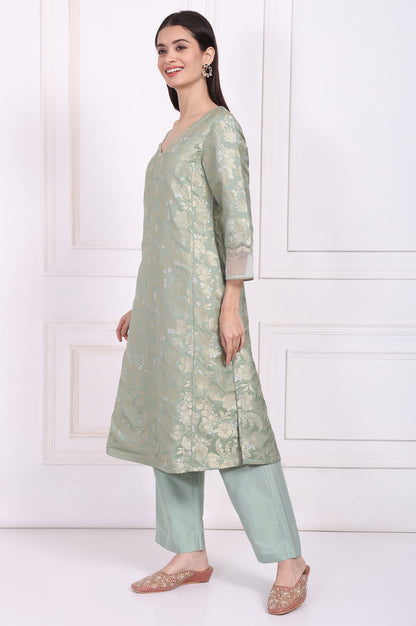 Green Embellished Straight Jacquard Kurta with Straight Pant and Dupatta Set