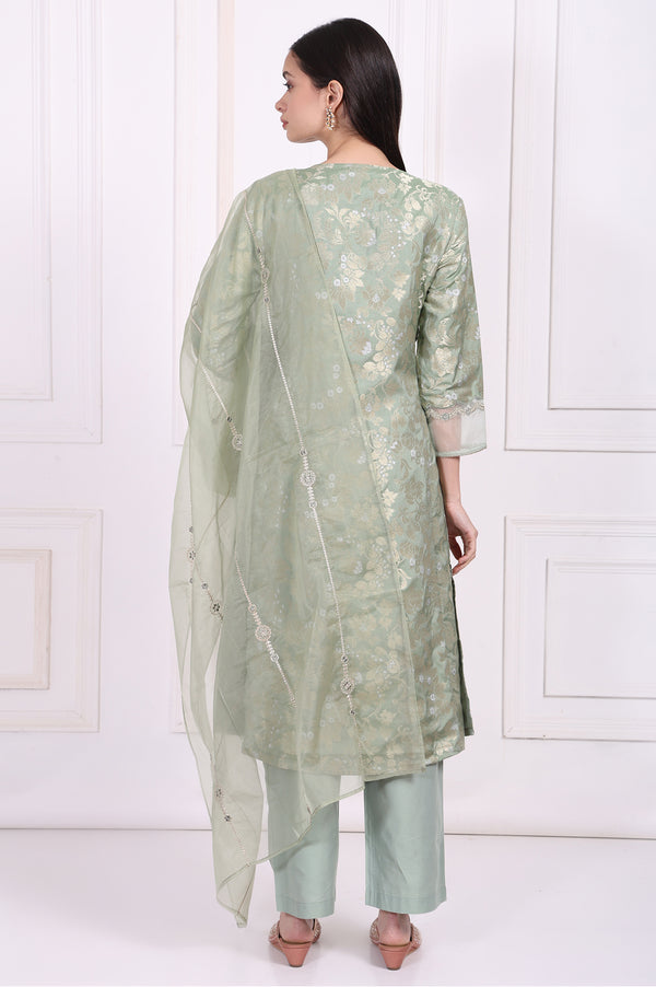 Green Embellished Straight Jacquard Kurta with Straight Pant and Dupatta Set