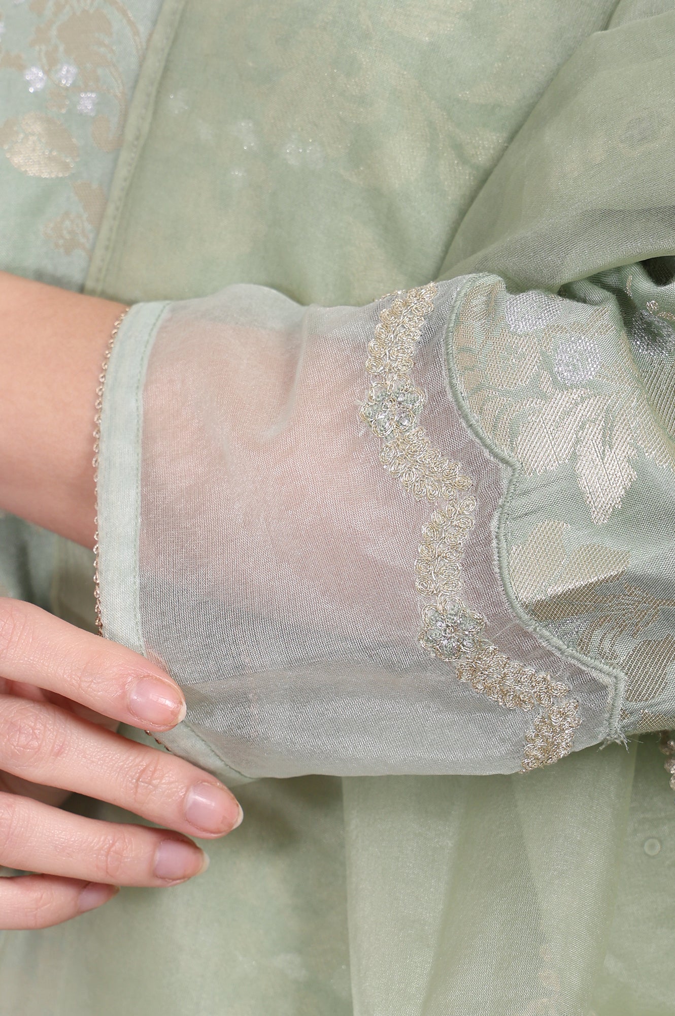 Green Embellished Straight Jacquard Kurta with Straight Pant and Dupatta Set