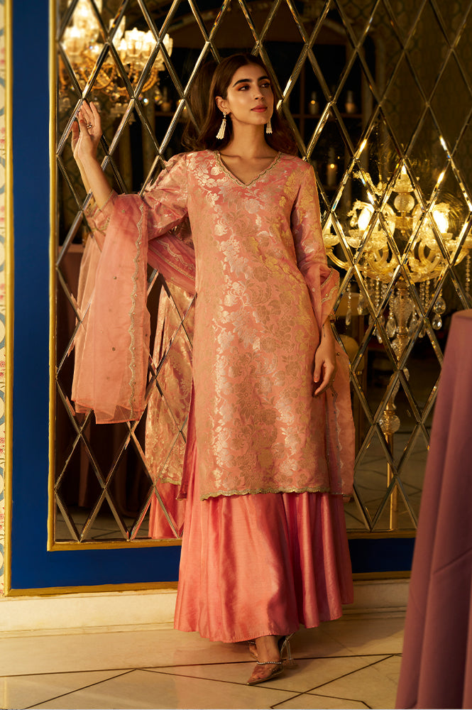 Pink Zari Jacquard Straight Kurta with Sharara and Dupatta Set - XS