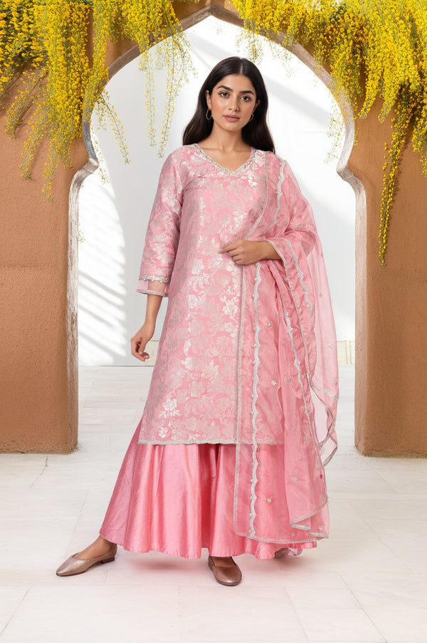 Pink Zari Jacquard Straight Kurta with Sharara and Dupatta Set