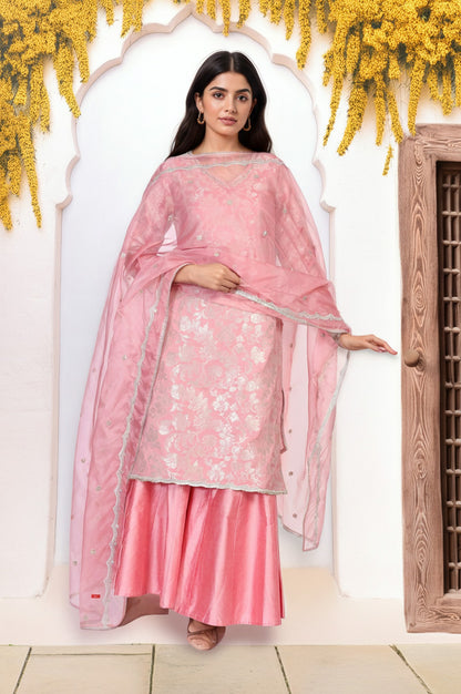 Pink Zari Jacquard Straight Kurta with Sharara and Dupatta Set