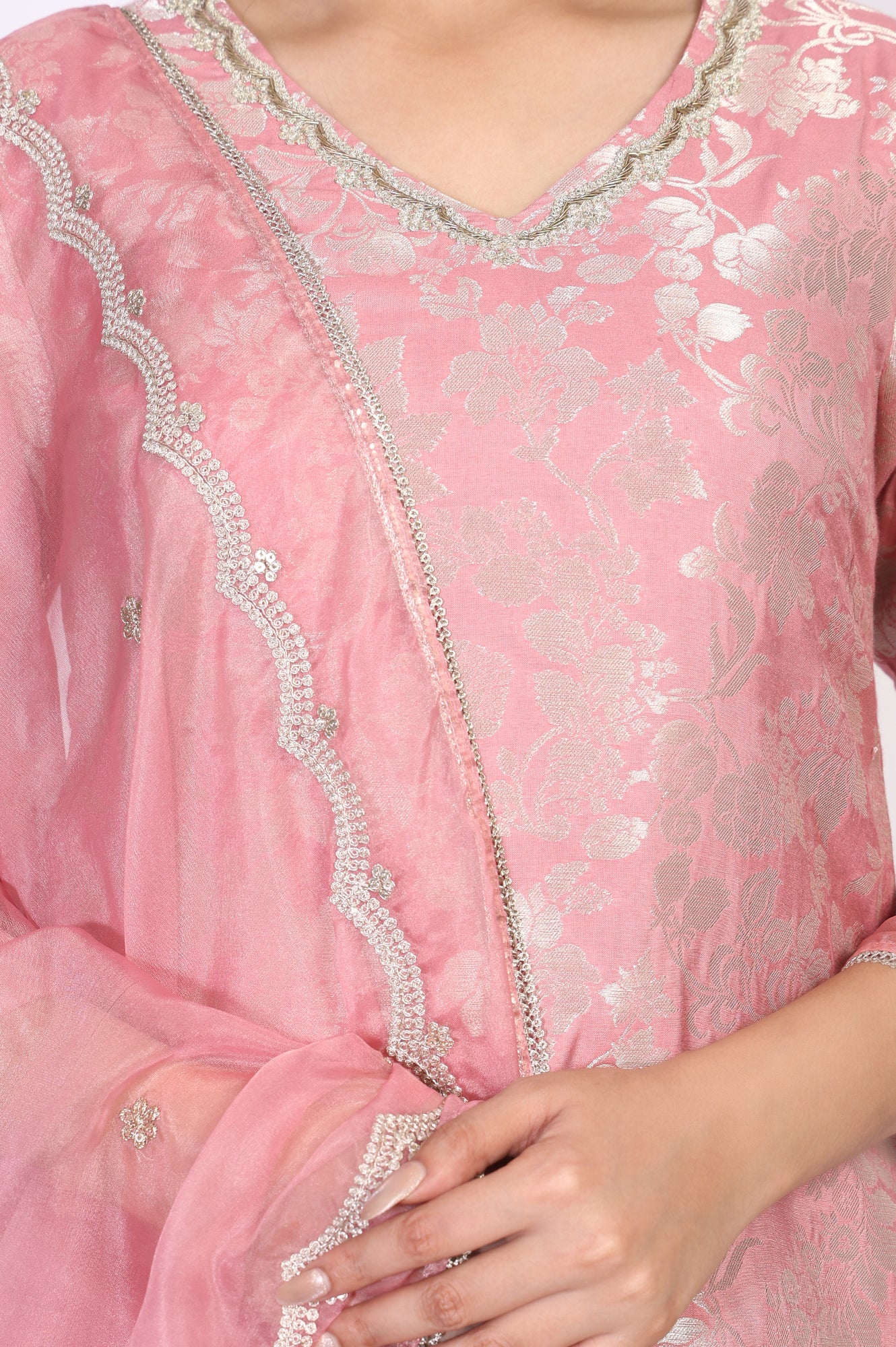 Pink Zari Jacquard Straight Kurta with Sharara and Dupatta Set