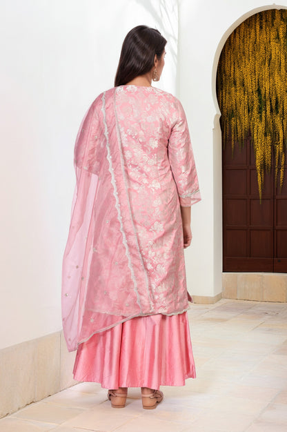 Pink Zari Jacquard Straight Kurta with Sharara and Dupatta Set
