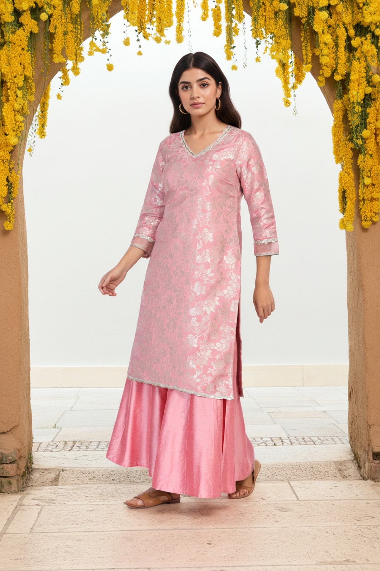 Pink Zari Jacquard Straight Kurta with Sharara and Dupatta Set